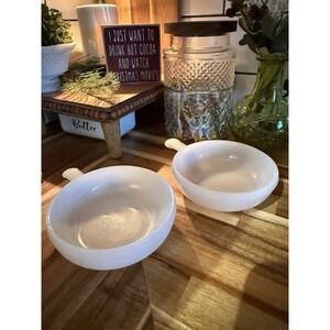 Lot of 2 Glasbake Milk Glass Soup /Chili Bowls w Handles Or‎ Baking